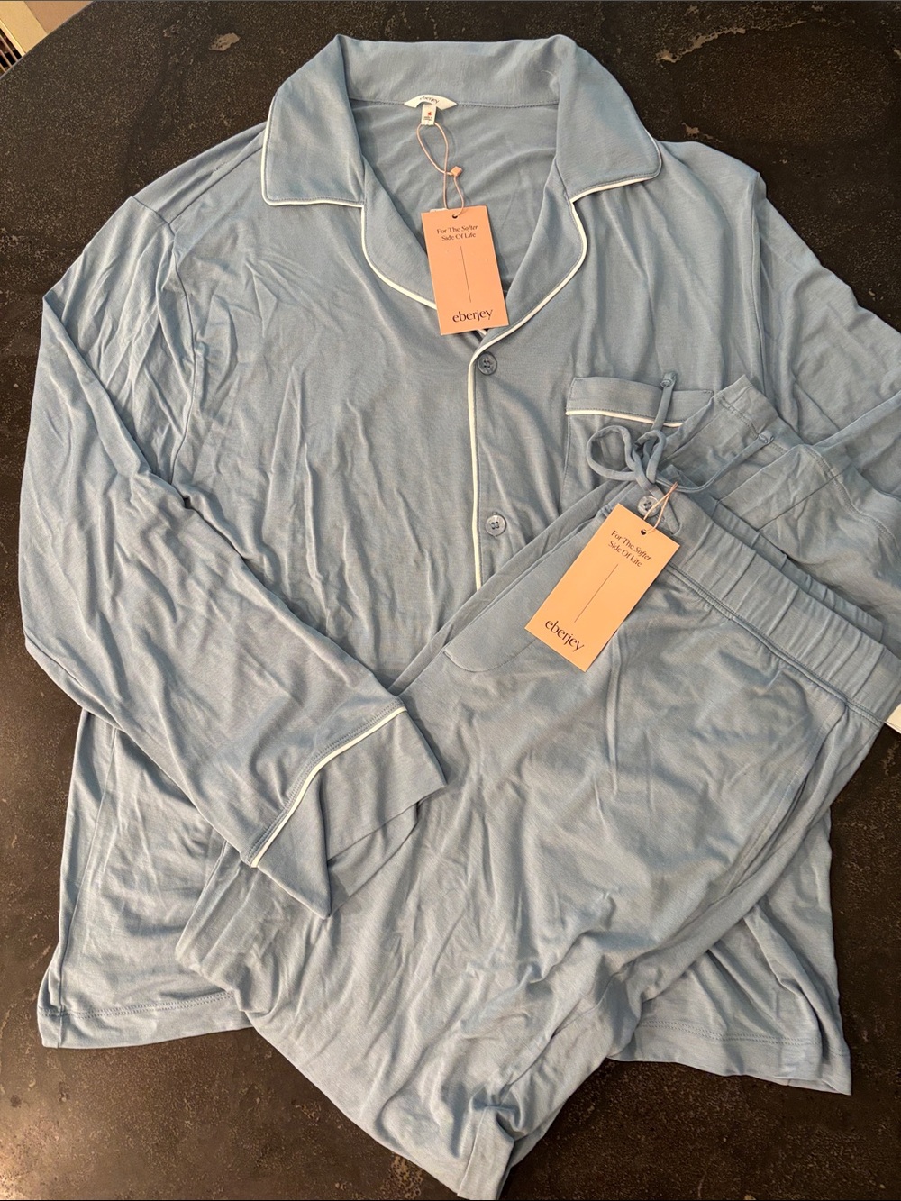 Eberjey William Long PJ Set Men's Large Faded Denim Ivory Modal NWT Repaired